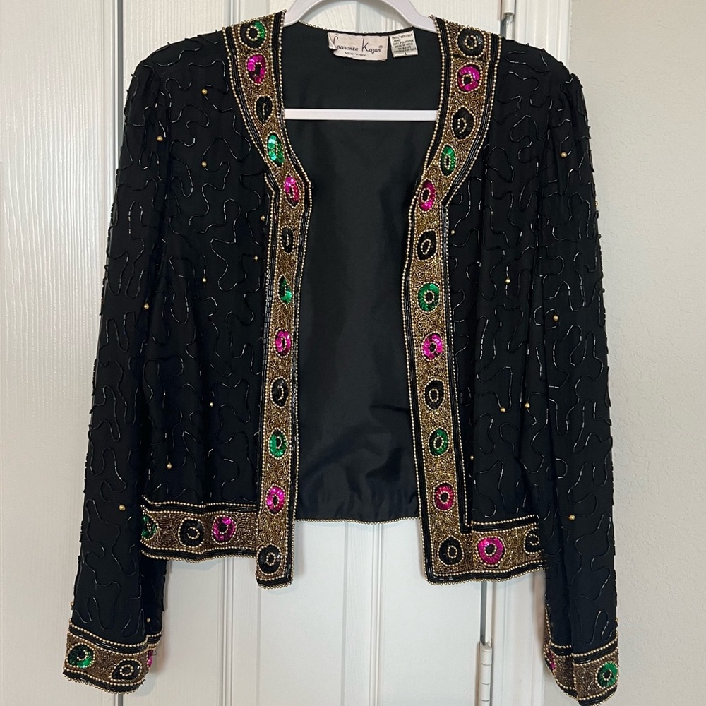Vintage Silk and Sequin Open Front Long Sleeve Jacket Top by Laurence Kazar